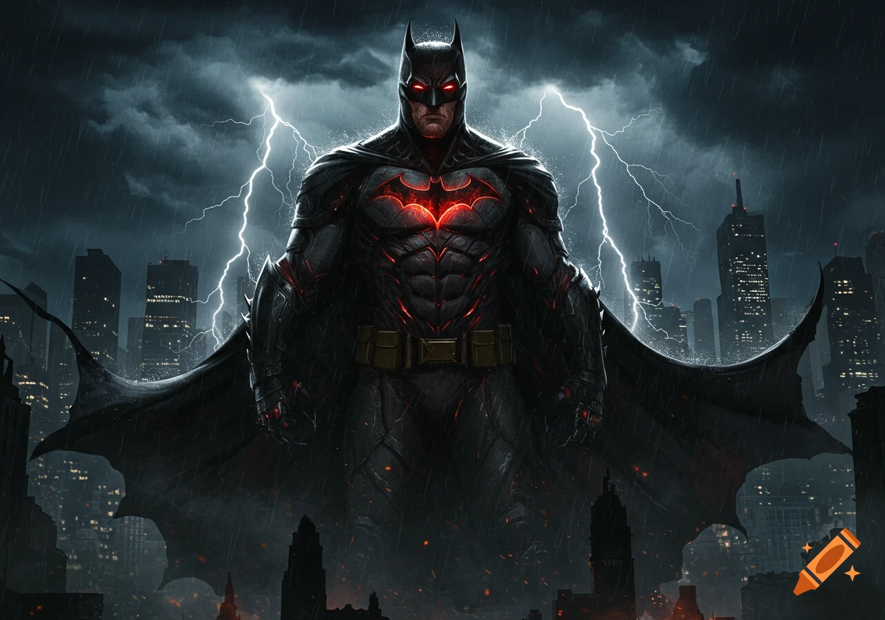 Batman stands powerfully over a dark, rainy Gotham City skyline with lightning striking behind him.