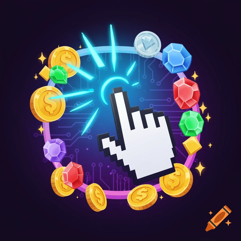 A pixelated computer cursor clicks a glowing blue circle surrounded by gold coins and colorful gems on a dark circuit board background.