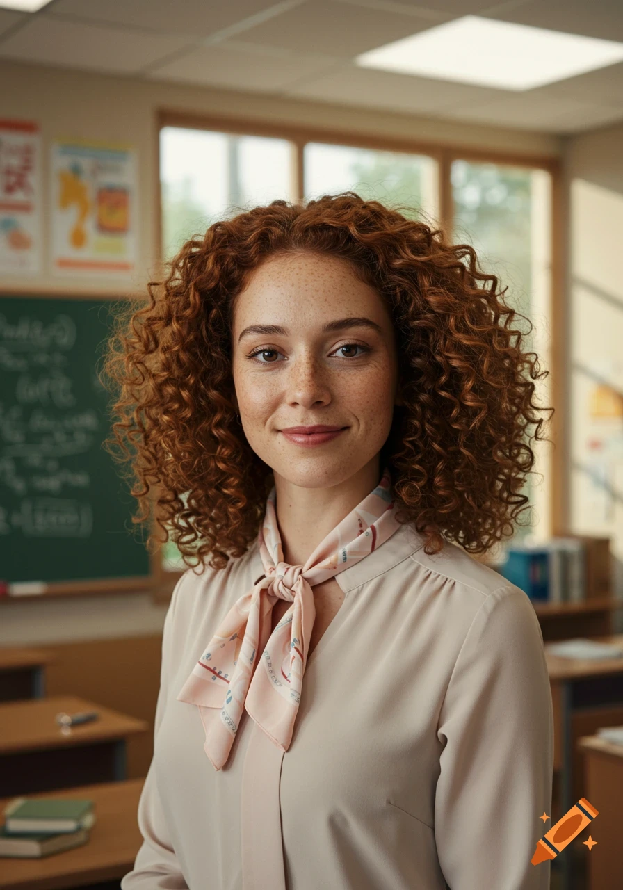 A smiling young woman with red curly hair and freckles wears a light blouse and pink scarf, standing in a classroom.