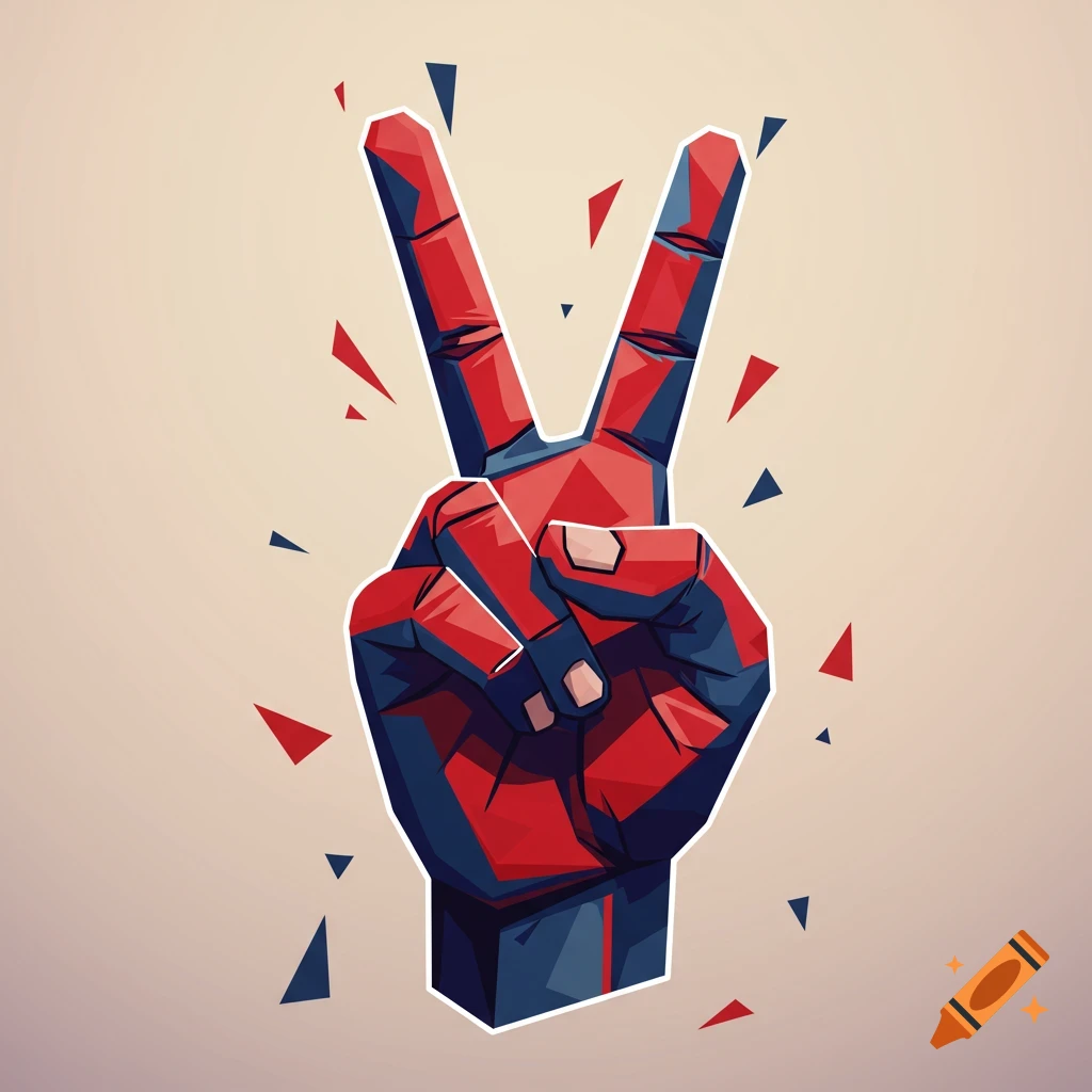 An abstract, geometric hand in red and blue forms a peace sign, with scattered triangular shapes.