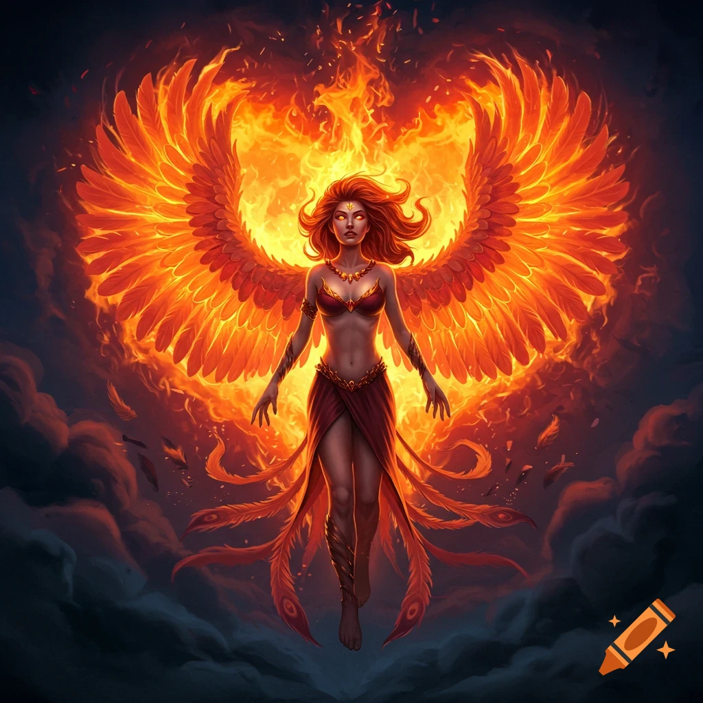 A red-haired woman with large fiery phoenix wings stands against a heart-shaped fire and dark clouds, in a dramatic digital art style.