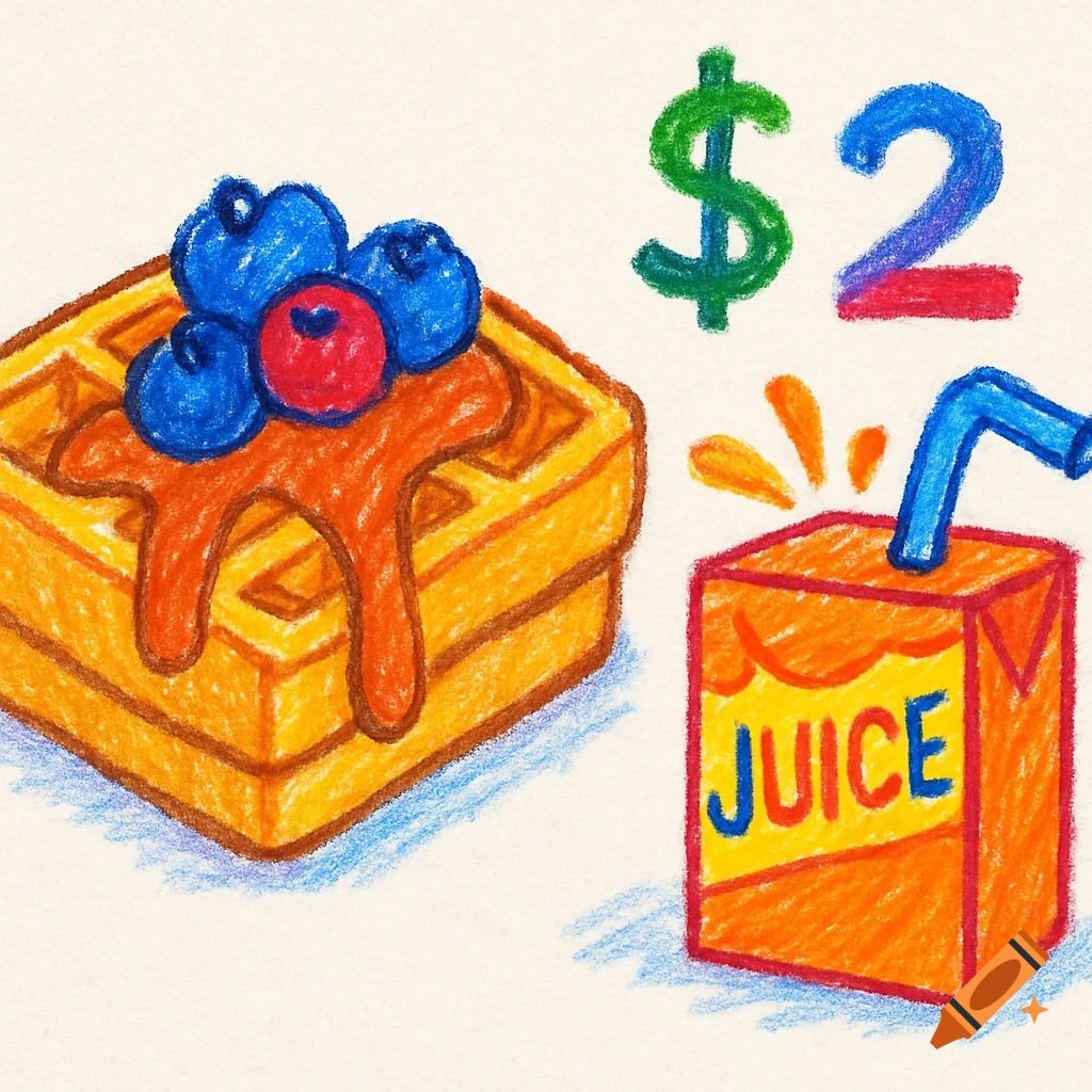 A crayon drawing of a waffle with berries and syrup next to a juice box with a straw, and "$2" written above.