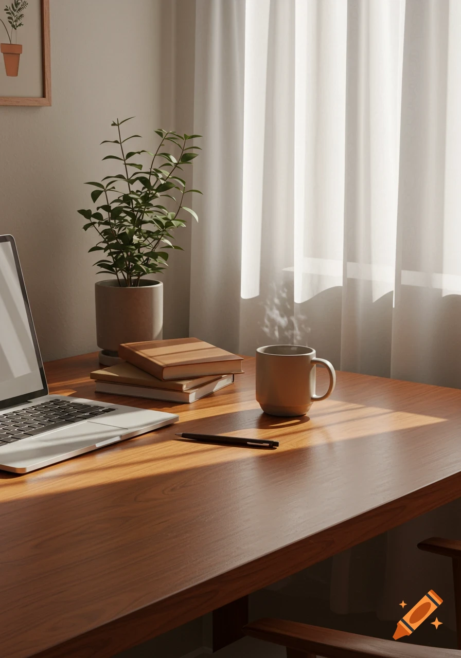 A sunlit wooden desk with a laptop, a stack of books, a green plant, a pen, and a steaming mug, with sheer white curtains in the background.