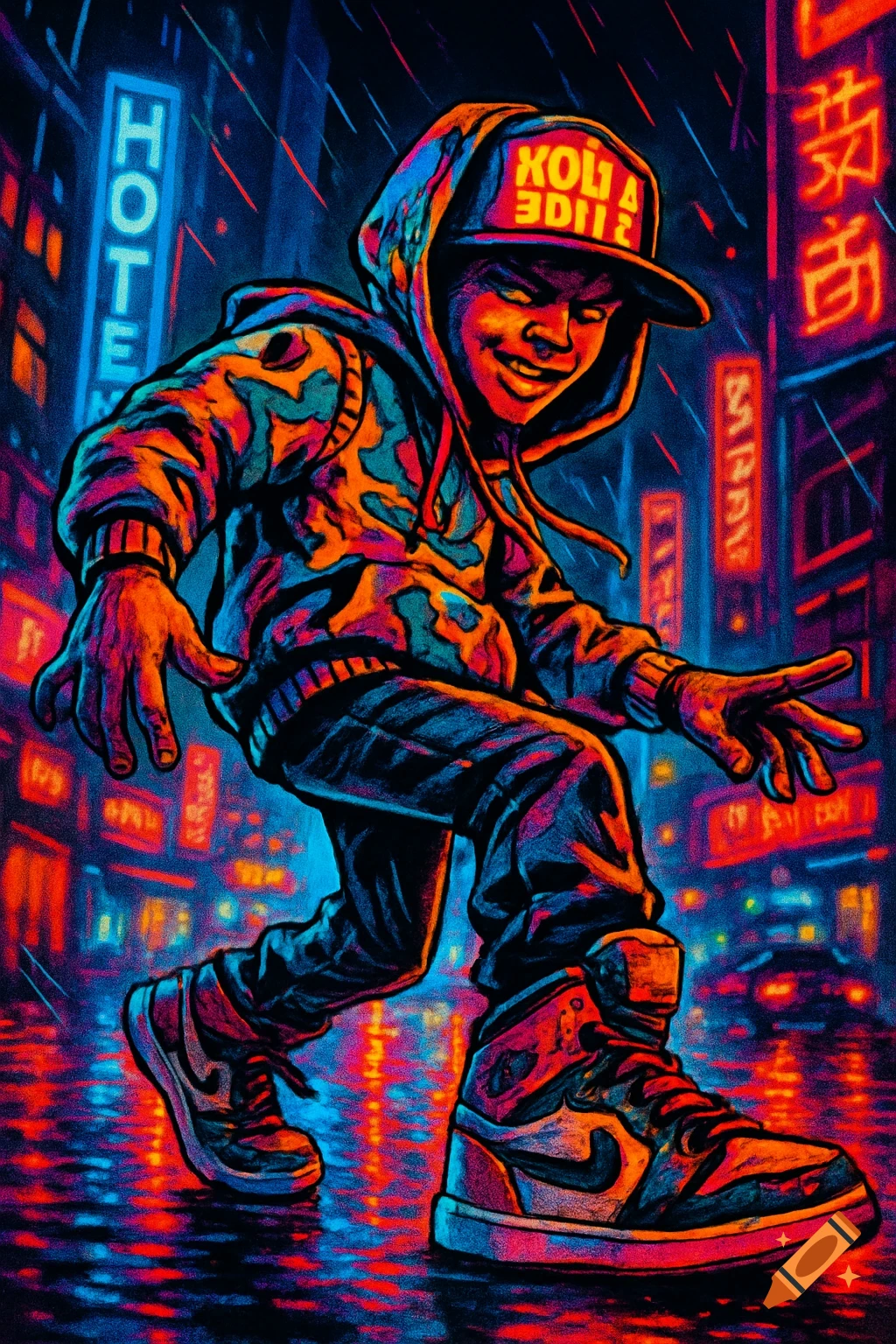 A vibrant, colorful illustration of a person in a hoodie and baseball cap walking on a rainy, neon-lit city street at night, in a stylized, bold art style.