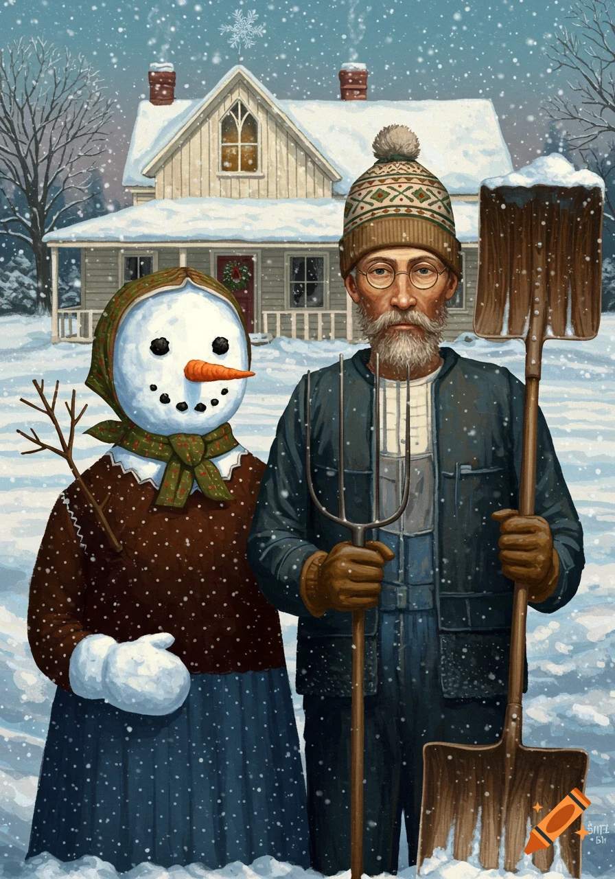 Illustrated parody of American Gothic with a bearded man and a snowman standing in the snow in front of a house, holding a pitchfork and shovel.