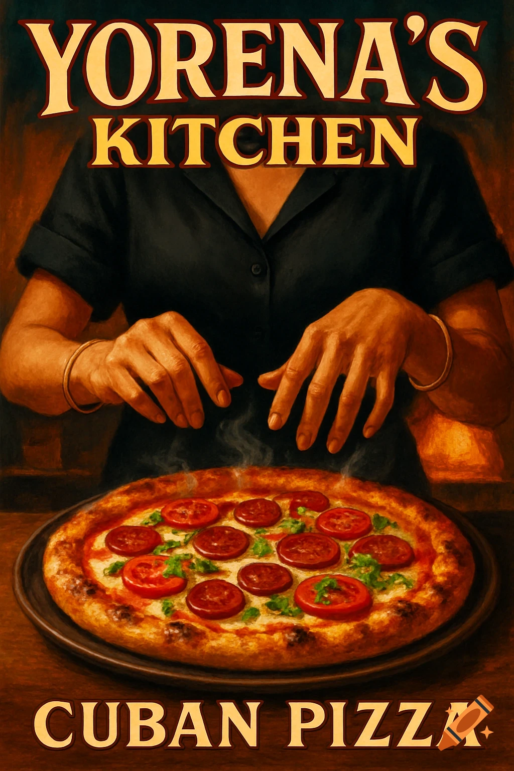 A painted poster for Yorena's Kitchen Cuban Pizza shows a person's hands above a steaming pizza topped with tomatoes and herbs.