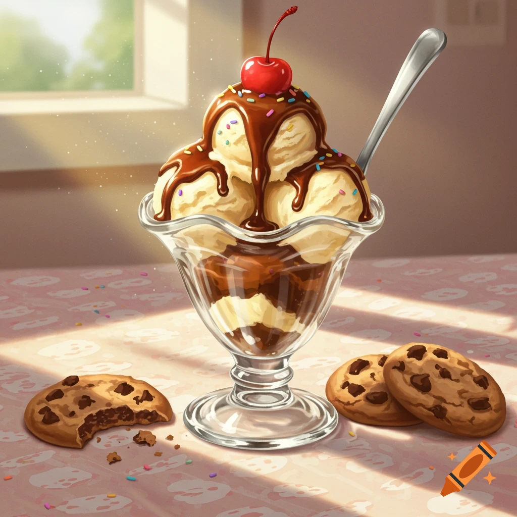 A delicious ice cream sundae with chocolate syrup, sprinkles, and a cherry, next to chocolate chip cookies on a pink patterned tablecloth.