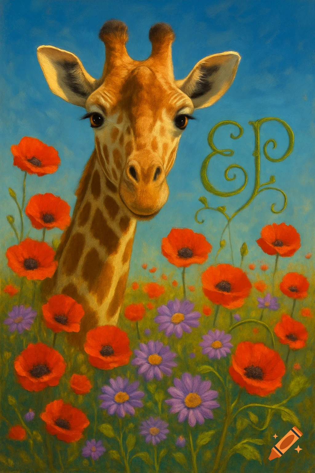 Painting of a giraffe peering over red poppies and purple daisies in a field under a blue sky, with stylized green letters 'EP'.