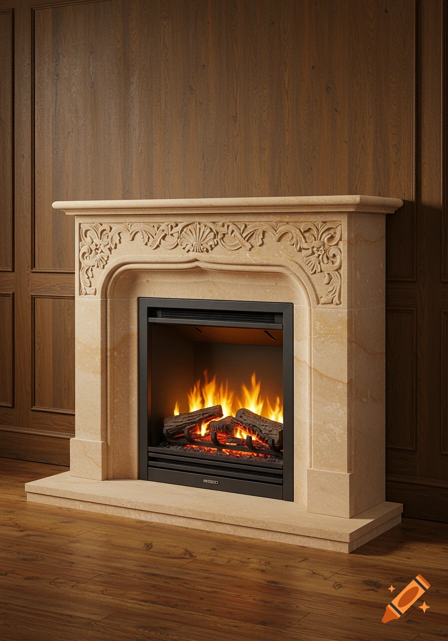 Photorealistic image of a classic sandstone fireplace with ornate carvings and a burning electric fire, in a room with wood walls and floor.