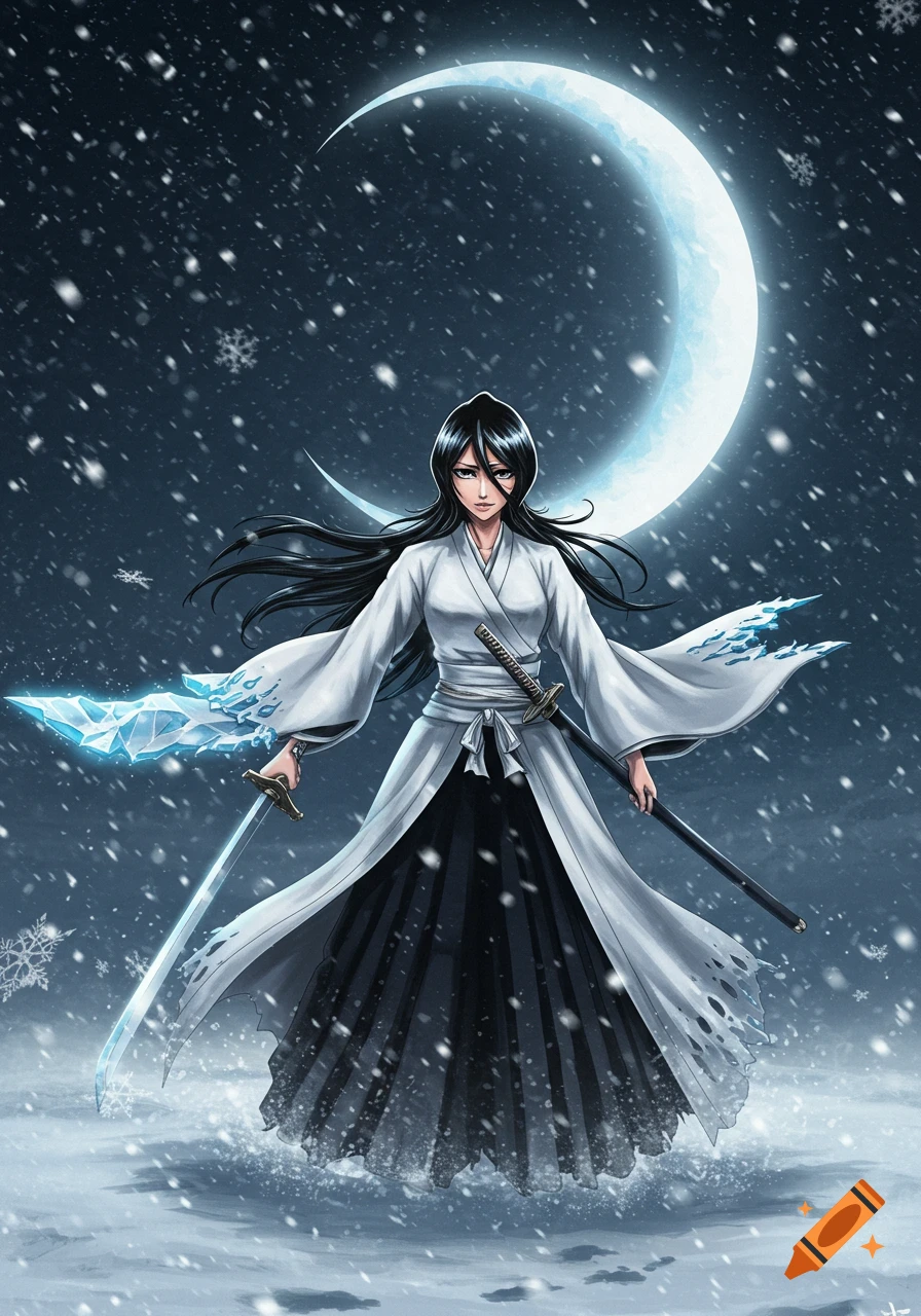 An anime character in a white kimono stands in a snowy landscape under a crescent moon, holding two swords, one made of ice.