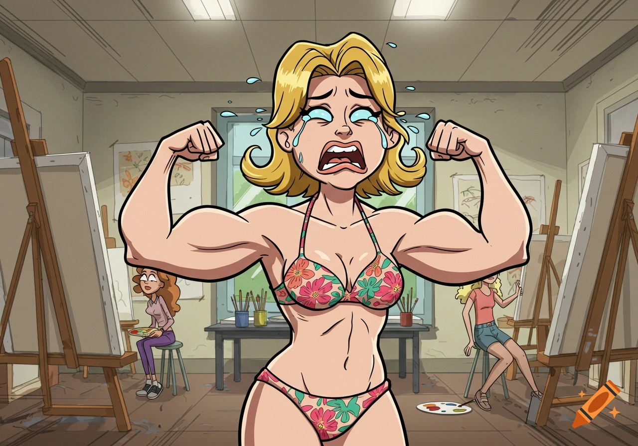 A blonde woman in a floral bikini cries while flexing large muscles in a cartoon art class.