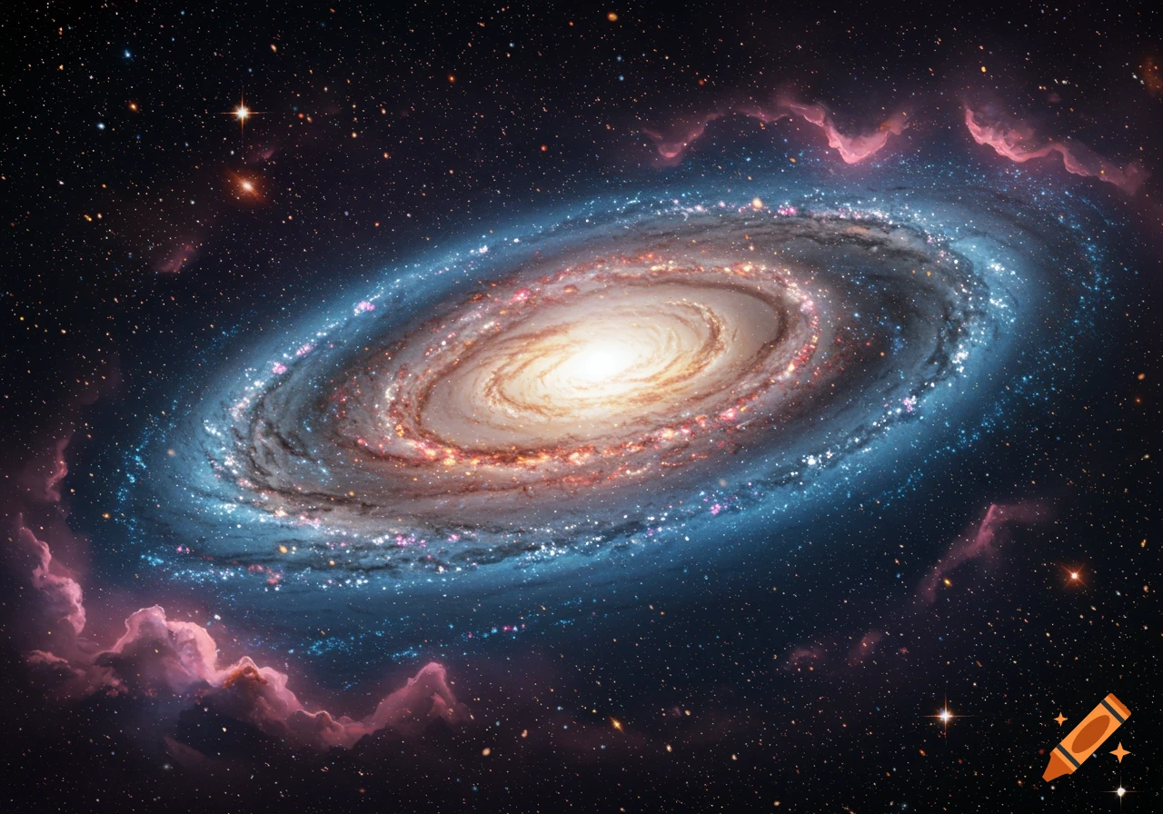 A vibrant spiral galaxy with a bright core and colorful arms against a dark, starry background with pink nebulae.