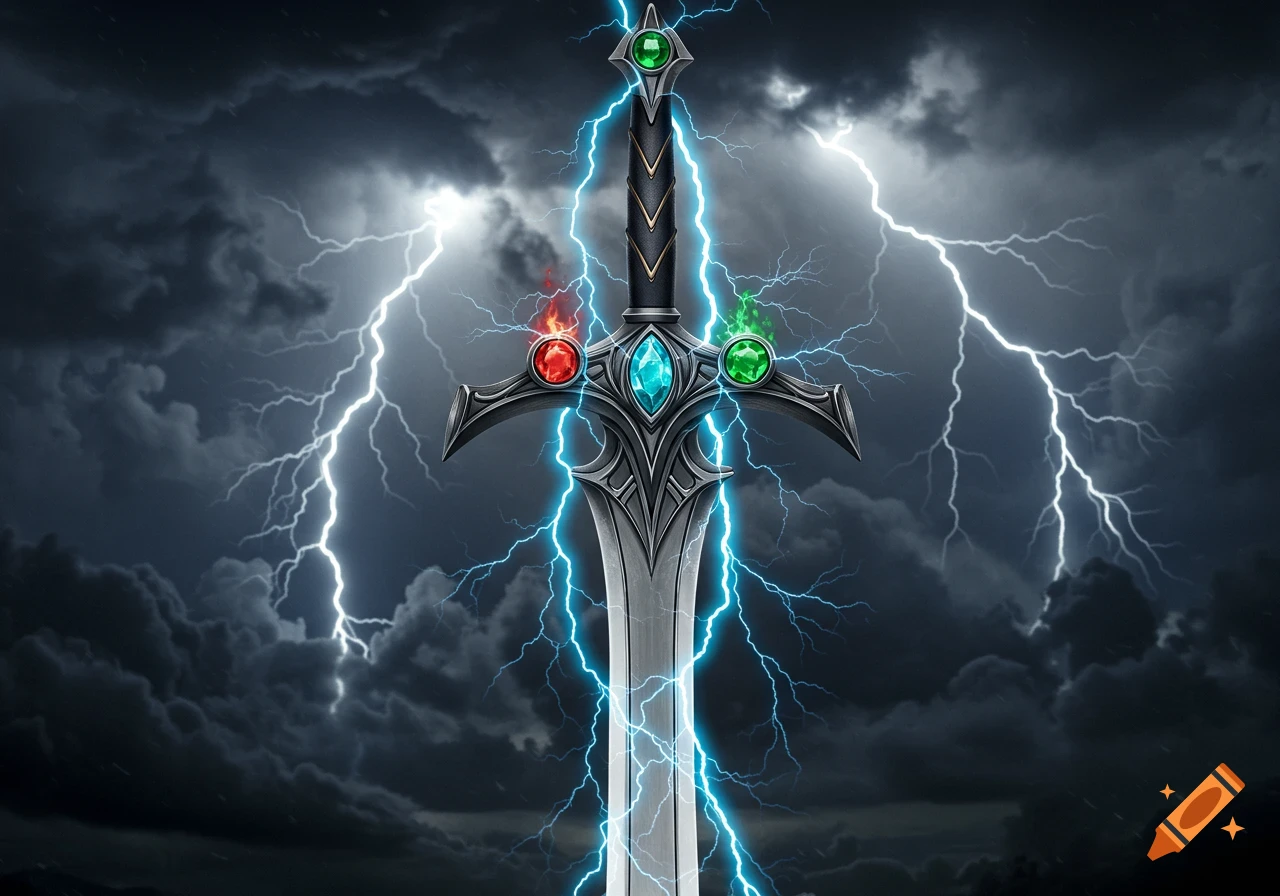A detailed fantasy sword with colorful elemental gems on its hilt, set against a dramatic backdrop of dark storm clouds and bright lightning.