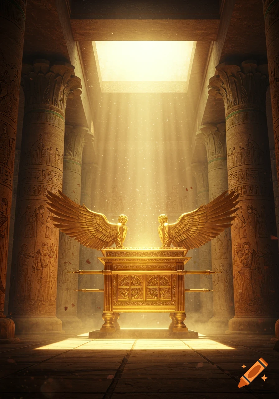 A golden Ark of the Covenant with winged figures sits in a grand ancient temple, bathed in bright, ethereal light streaming from above. Detailed pillars with carvings flank the central object.