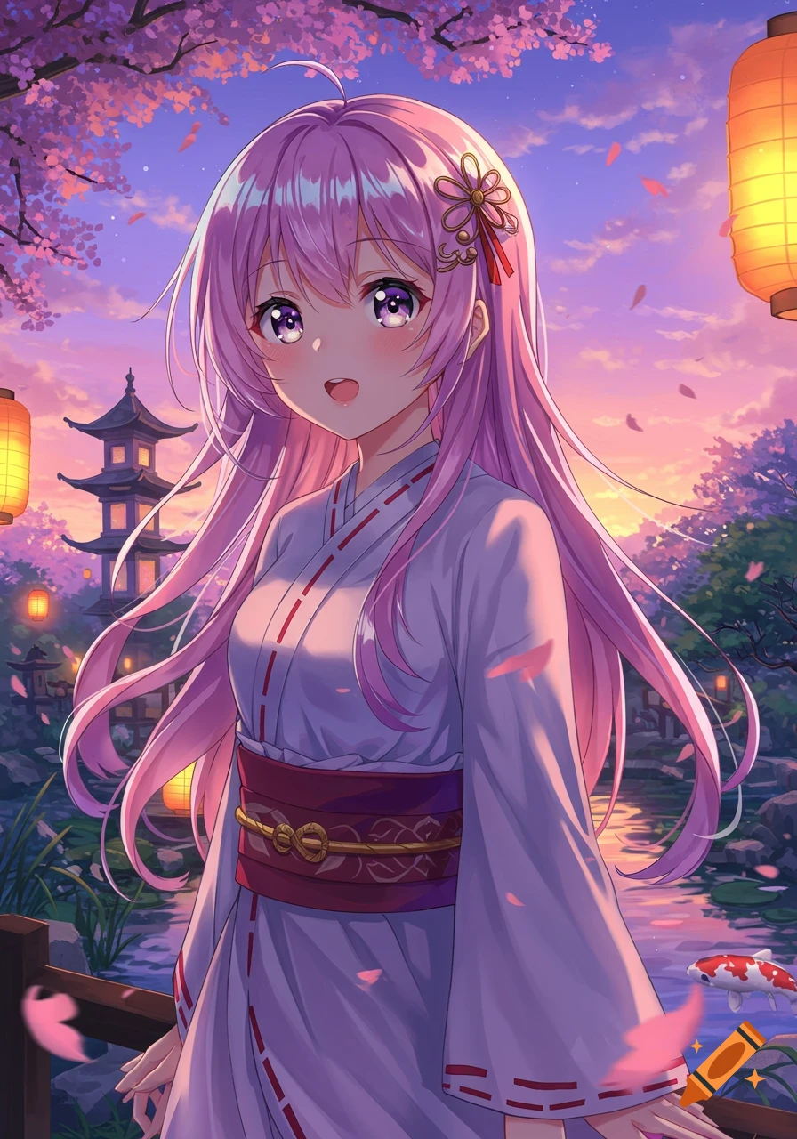 An anime girl with pink hair and purple eyes in a white kimono stands in a cherry blossom garden at sunset with lanterns, a pagoda, and koi fish.