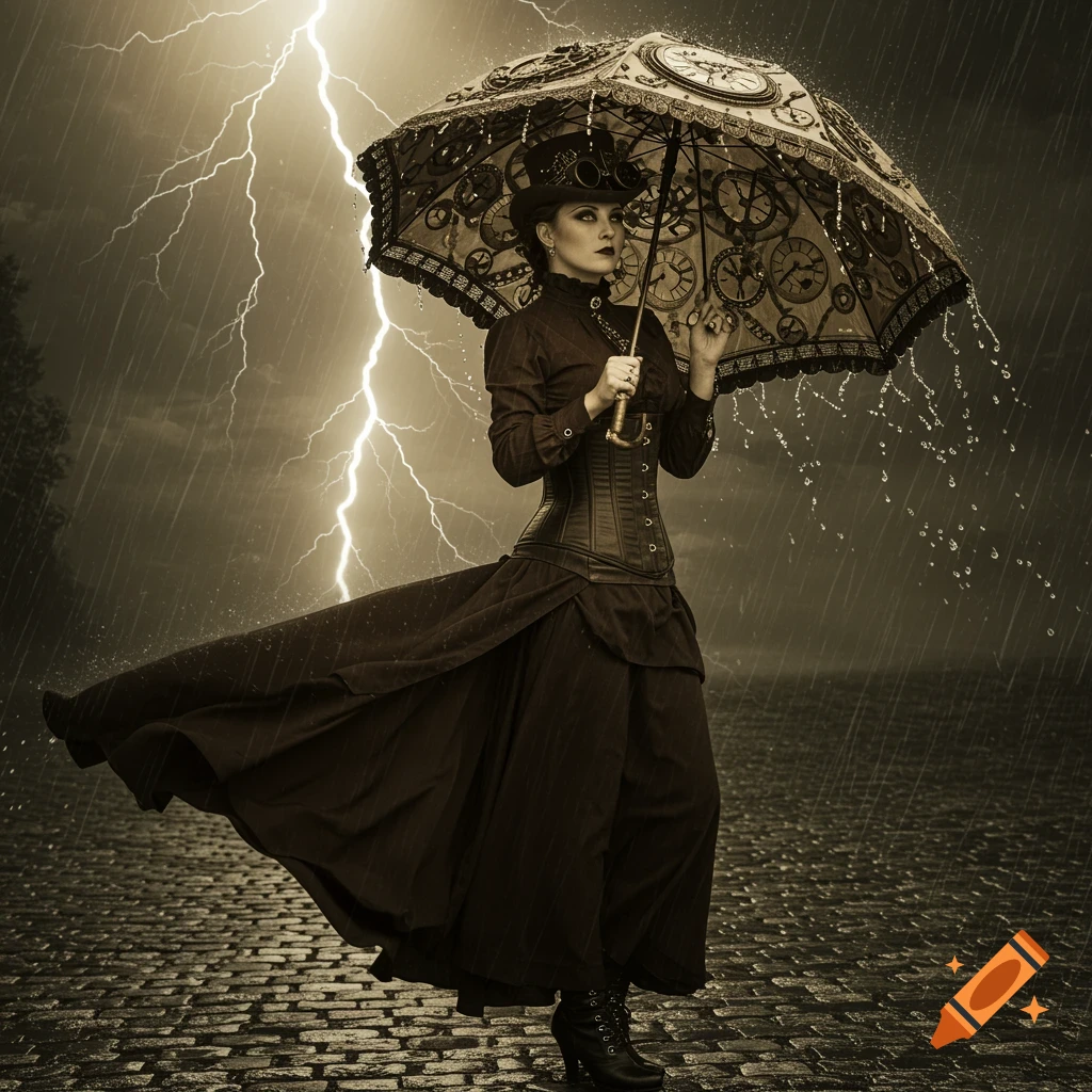 Steampunk lady in a corset and hat holding a gear-decorated umbrella in a dramatic lightning storm and rain.