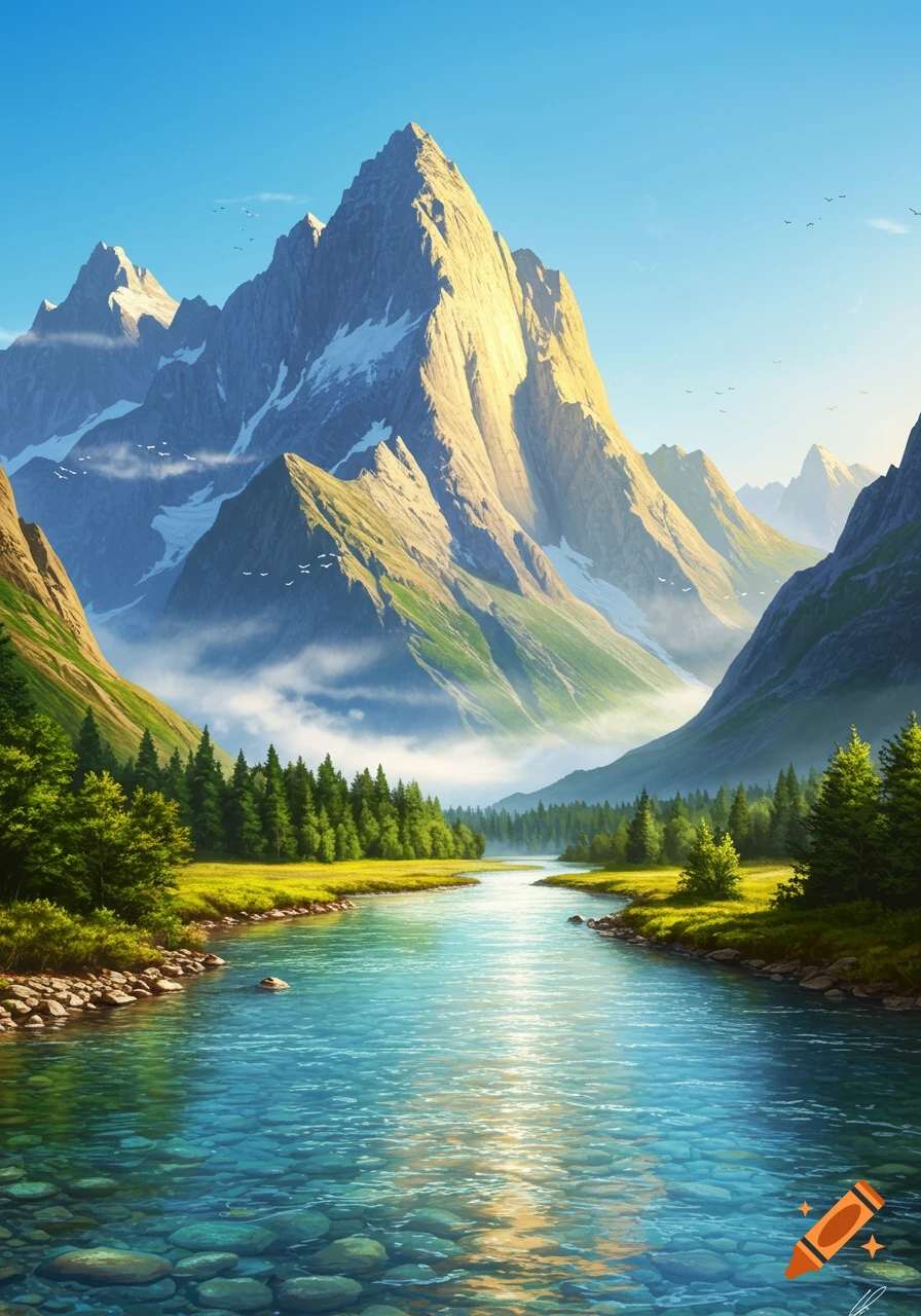 A vibrant, photorealistic landscape with a clear blue river flowing through a green valley, flanked by towering mountains.