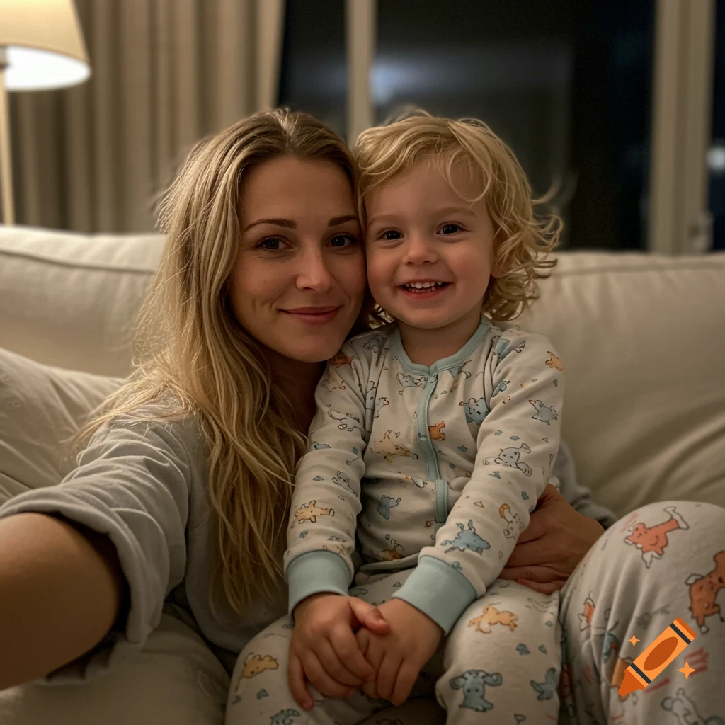 Photorealistic selfie of a smiling blonde woman holding a smiling child with curly blonde hair on a couch at night.