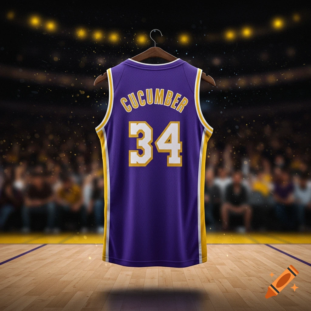 A purple and gold basketball jersey with 'CUCUMBER' and '34' on the back, hanging in a sports arena.