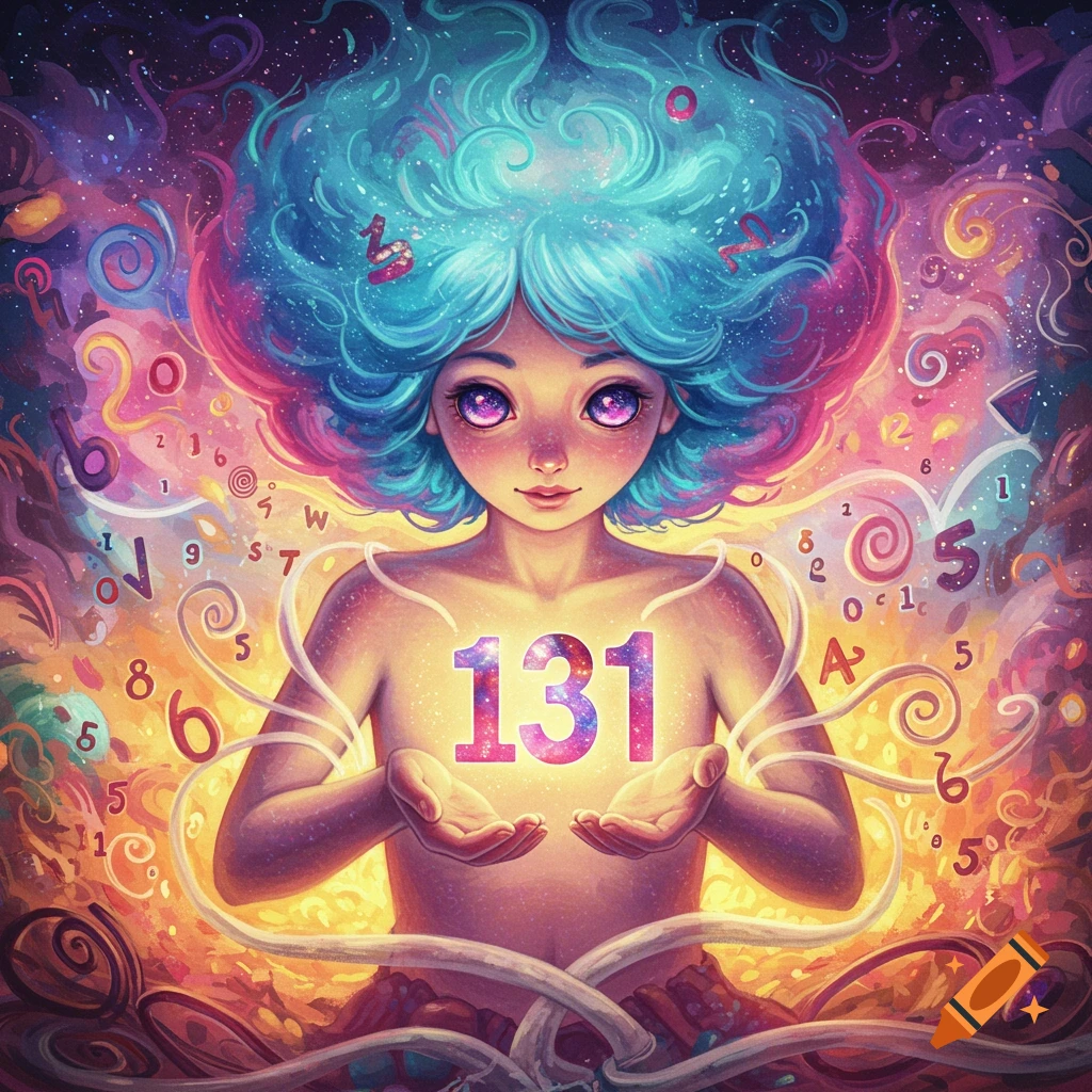A vibrant, stylized character with blue hair holds glowing numbers "131" in front of a swirling cosmic background of numbers and letters.