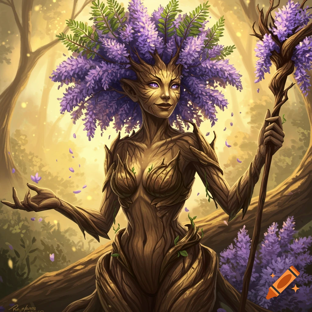A smiling tree-woman with bark skin and purple jacaranda blossoms for hair holds a flowering staff in a golden forest.