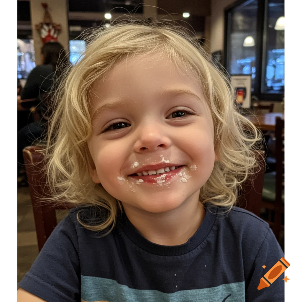 A close-up of a smiling blonde-haired toddler with ice cream on his face at a table.