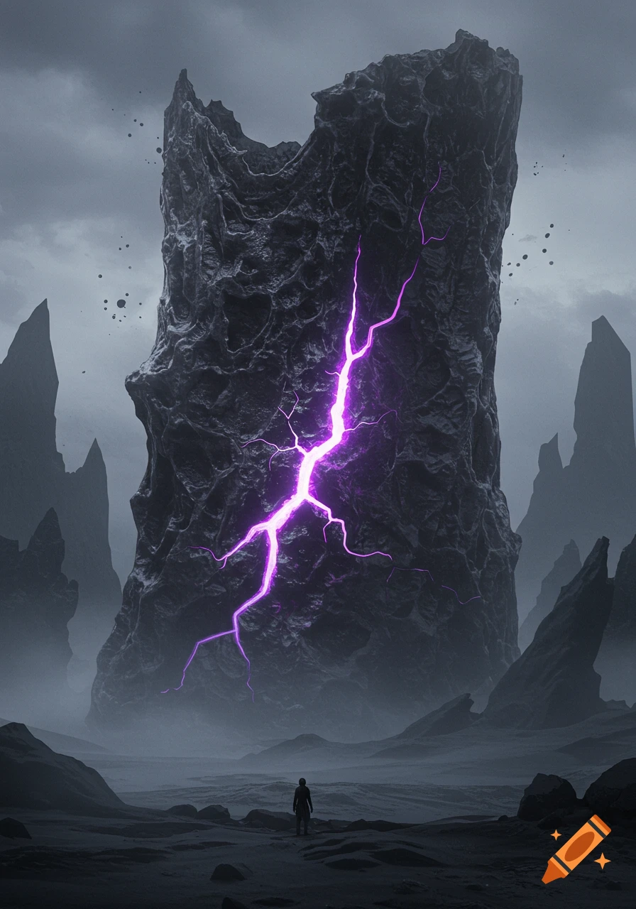 A small person stands before a towering, dark, jagged monument with a vibrant purple lightning-like crack against a grey, cloudy sky.