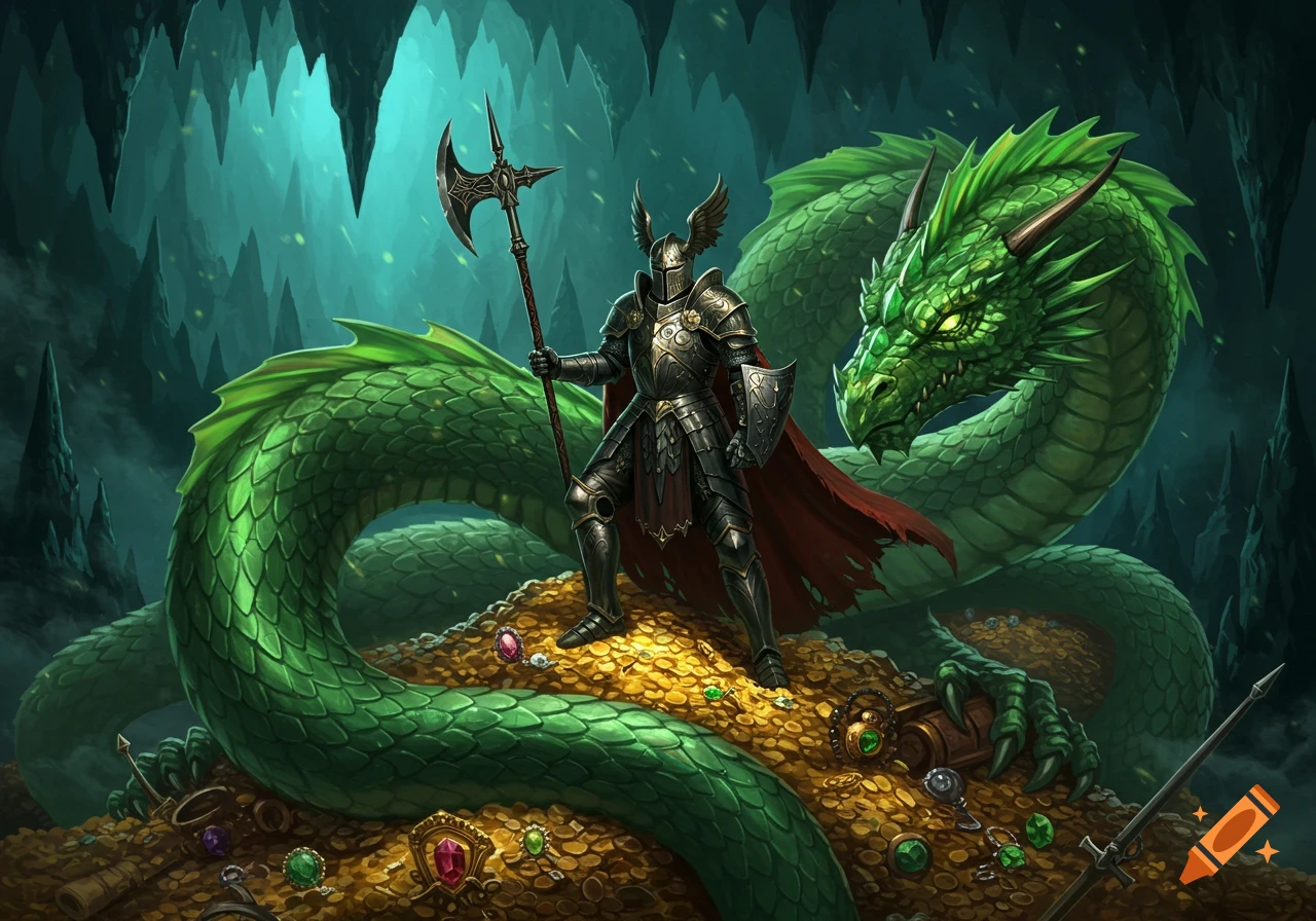 Knight in winged helmet with halberd standing on gold treasure pile, large green dragon behind, in a dark fantasy cave.
