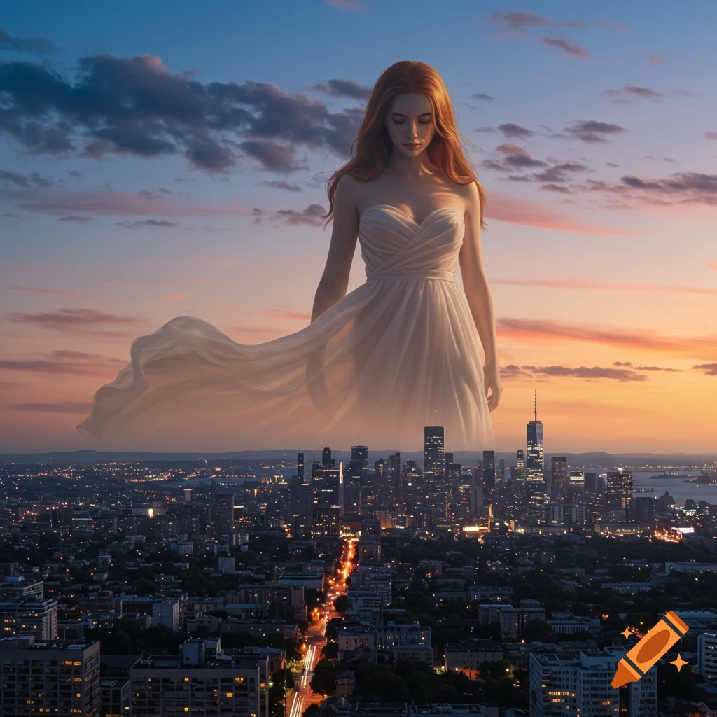 A giant woman in a white dress stands over a city skyline at dusk with a colorful sky.