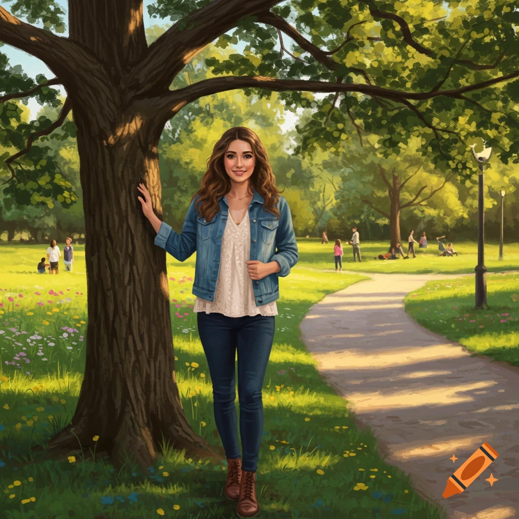A smiling woman in a denim jacket and jeans stands by a tree in a sunny park, with distant people.