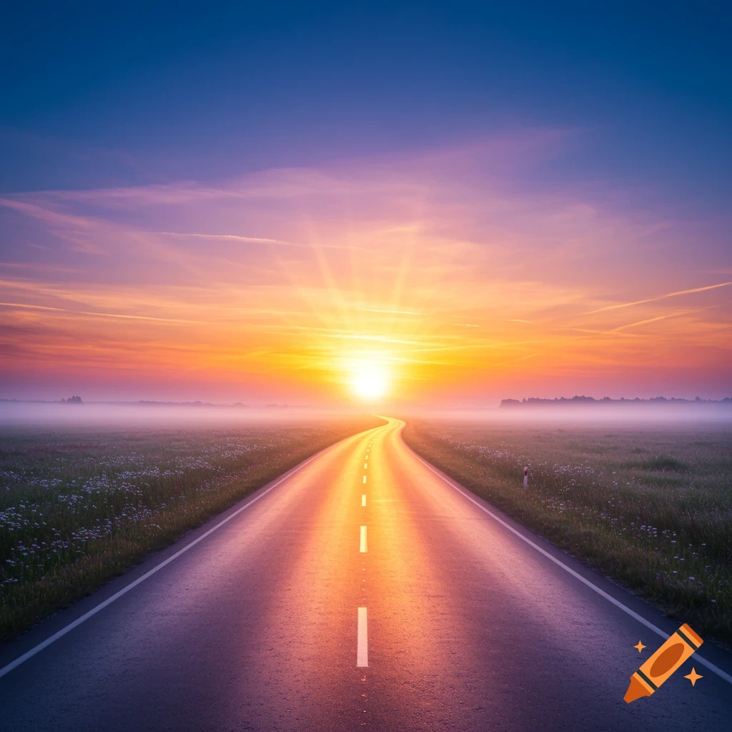 A long, winding road stretches through misty fields towards a vibrant sunrise, casting golden light on the asphalt.
