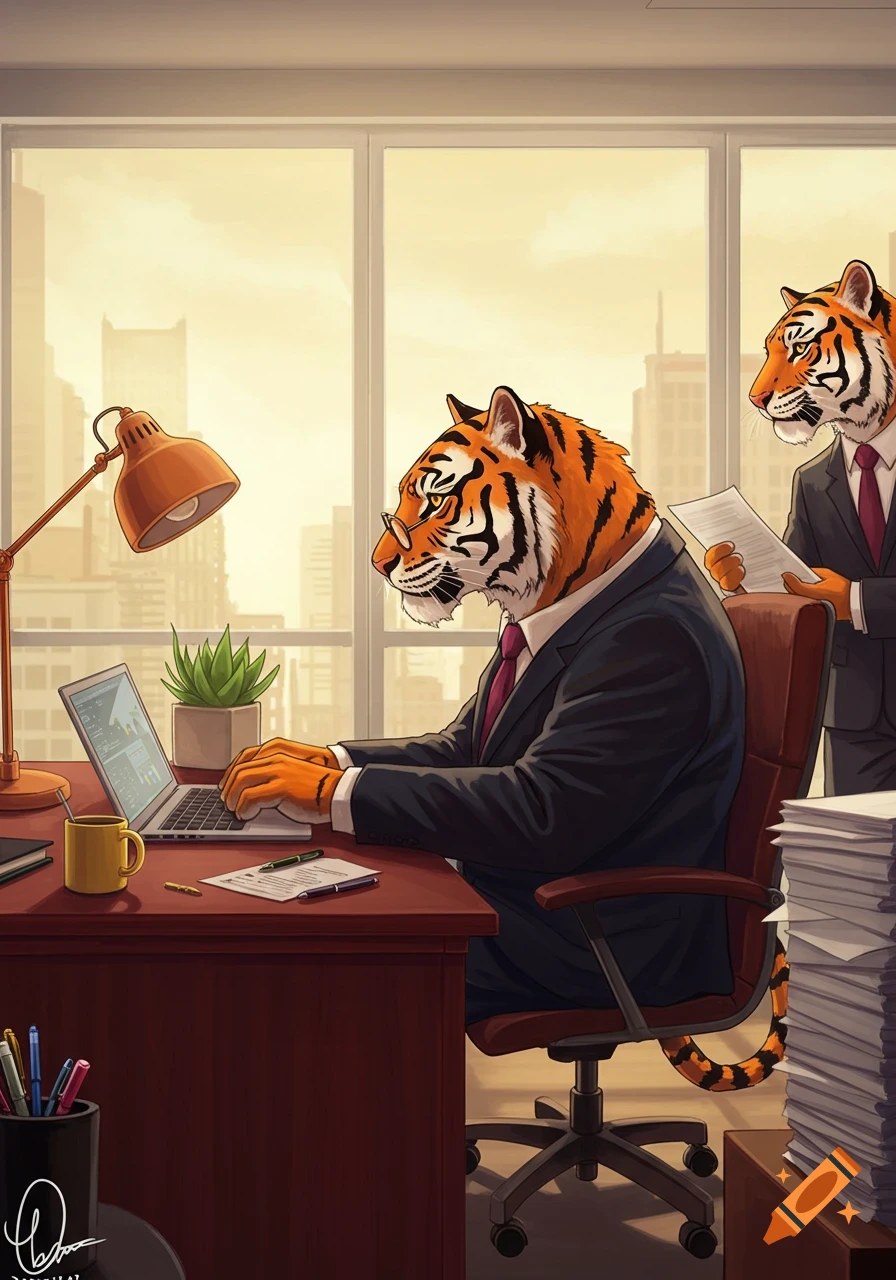 Two anthropomorphic tigers in suits work in a sunlit office, one typing on a laptop and the other holding papers.
