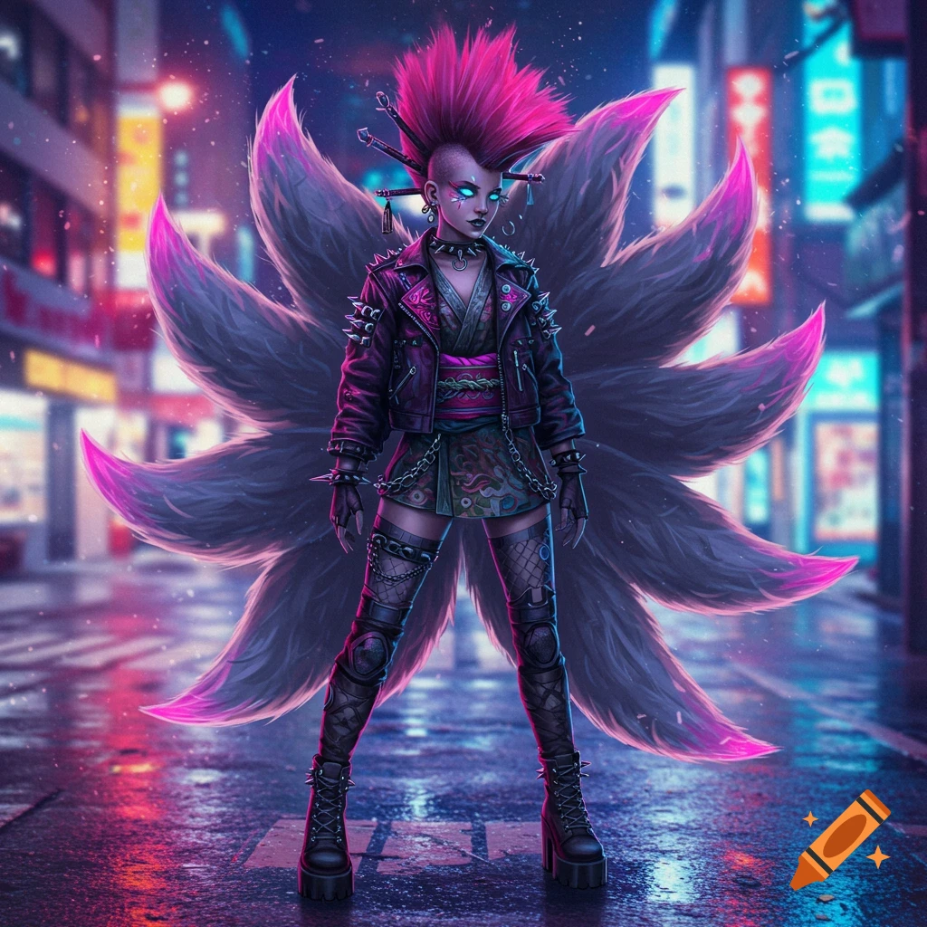 A cyberpunk Kitsune girl with a pink mohawk and multiple glowing tails stands on a rainy neon-lit city street at night.