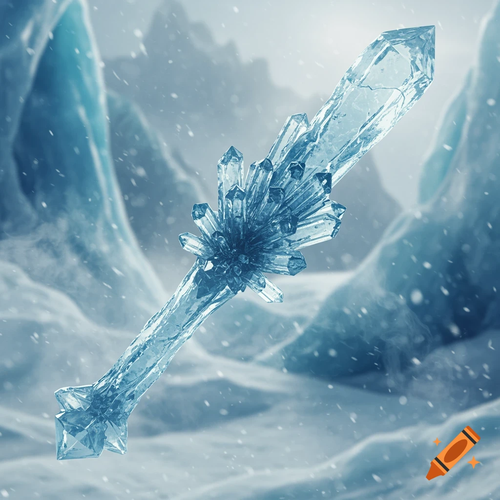 A shimmering blue ice sword made of sharp crystals stands vertically in a snowy, icy mountain landscape with falling snow.