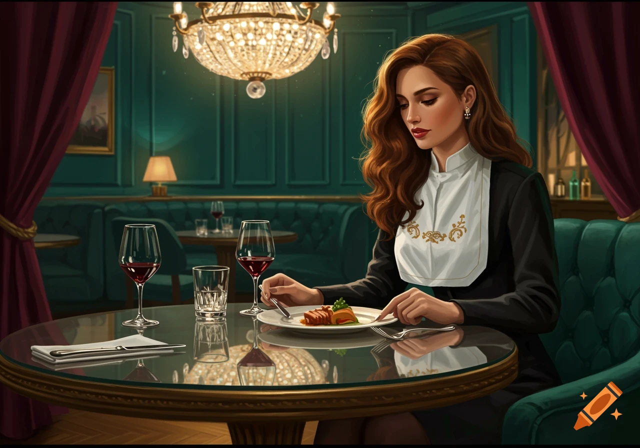 A woman with auburn hair sits at a glass table in an elegant restaurant, eating a meal.