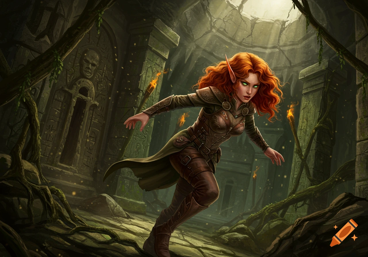 A red-haired female elf in adventurer gear poses in a dimly lit, overgrown ancient ruin.