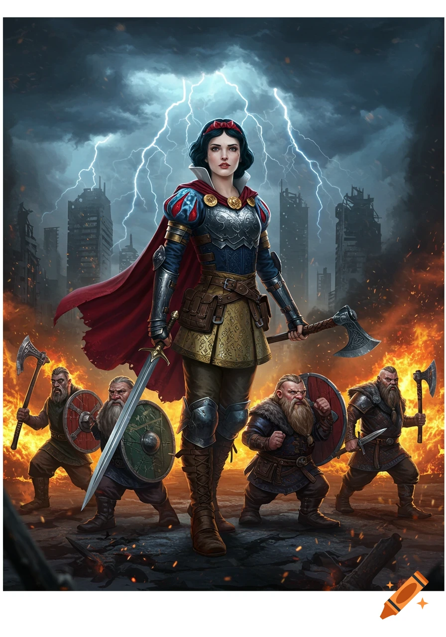Warrior Snow White in armor stands with armed dwarves in a ruined city under a stormy, lightning-filled sky with fires.