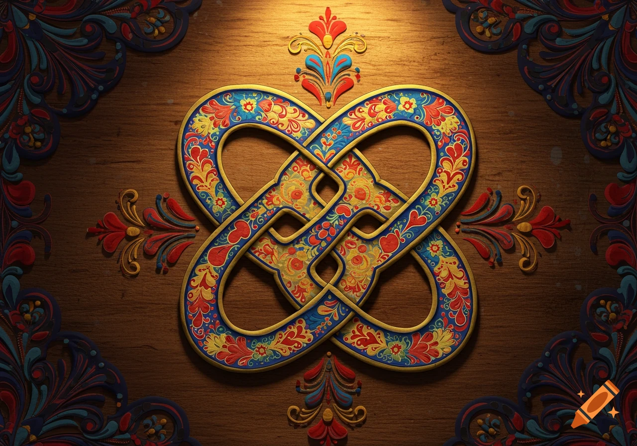 An intricate, colorful Dara Celtic knot in Hungarian folk art style, set on a wooden background with decorative corners.