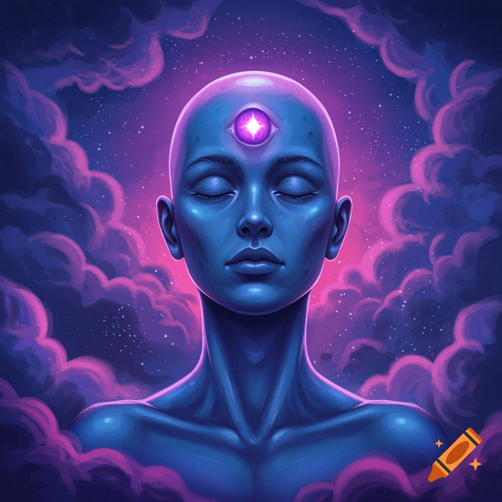 A bald, blue-skinned figure with closed eyes and a glowing purple third eye, meditating amidst purple cosmic clouds and stars.