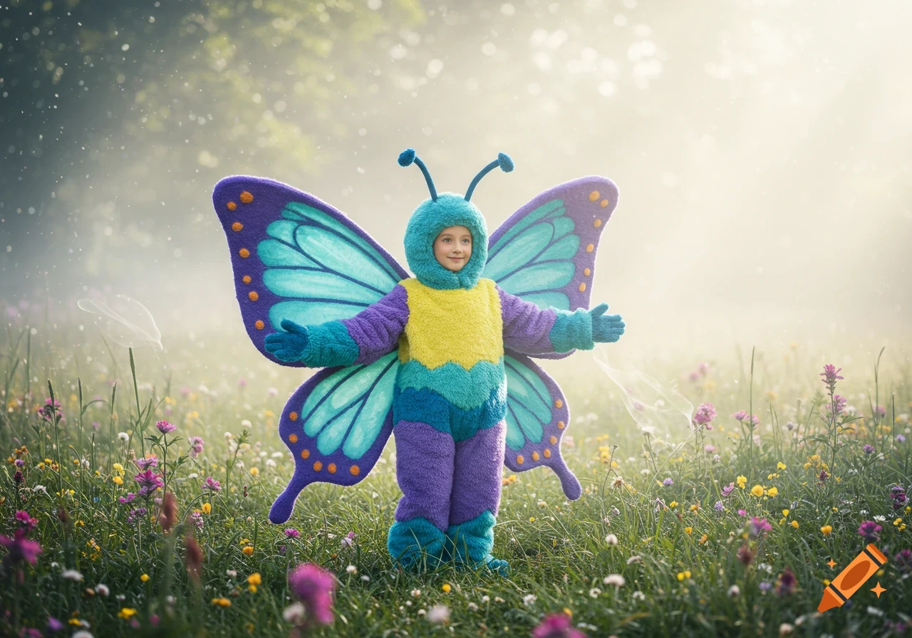 A child in a blue and purple butterfly plushsuit stands with arms outstretched in a sunny, misty field of wildflowers.