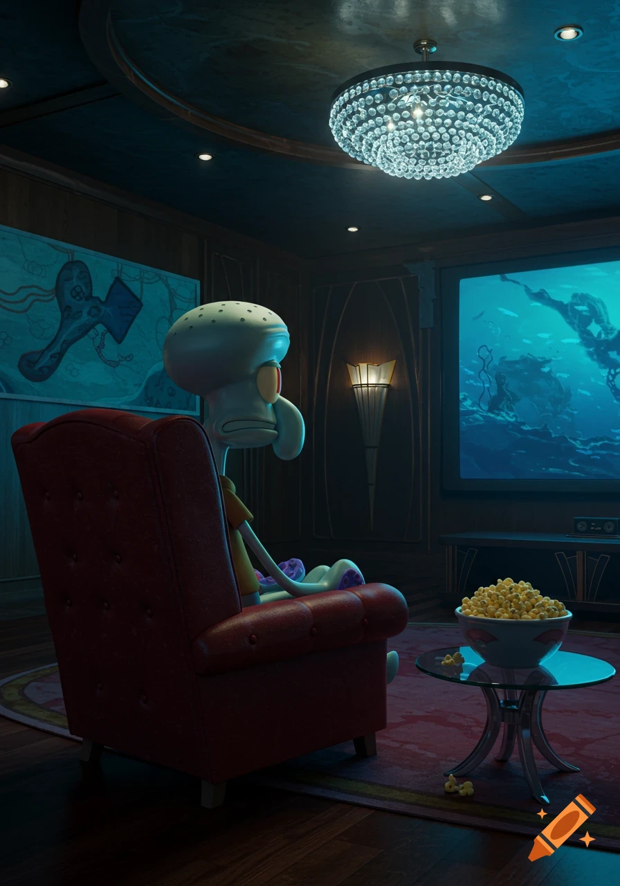 Squidward Tentacles from Spongebob Squarepants sits in a red armchair, facing a large TV screen displaying an underwater scene, with a bowl of popcorn on a table in a dimly lit, luxurious room.