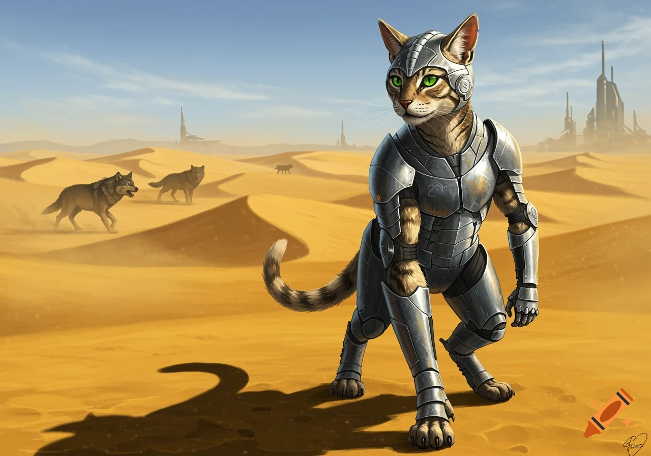 A cat in futuristic silver armor stands in a desert with sand dunes. Three wolves are in the background, and futuristic buildings rise on the horizon under a clear sky.