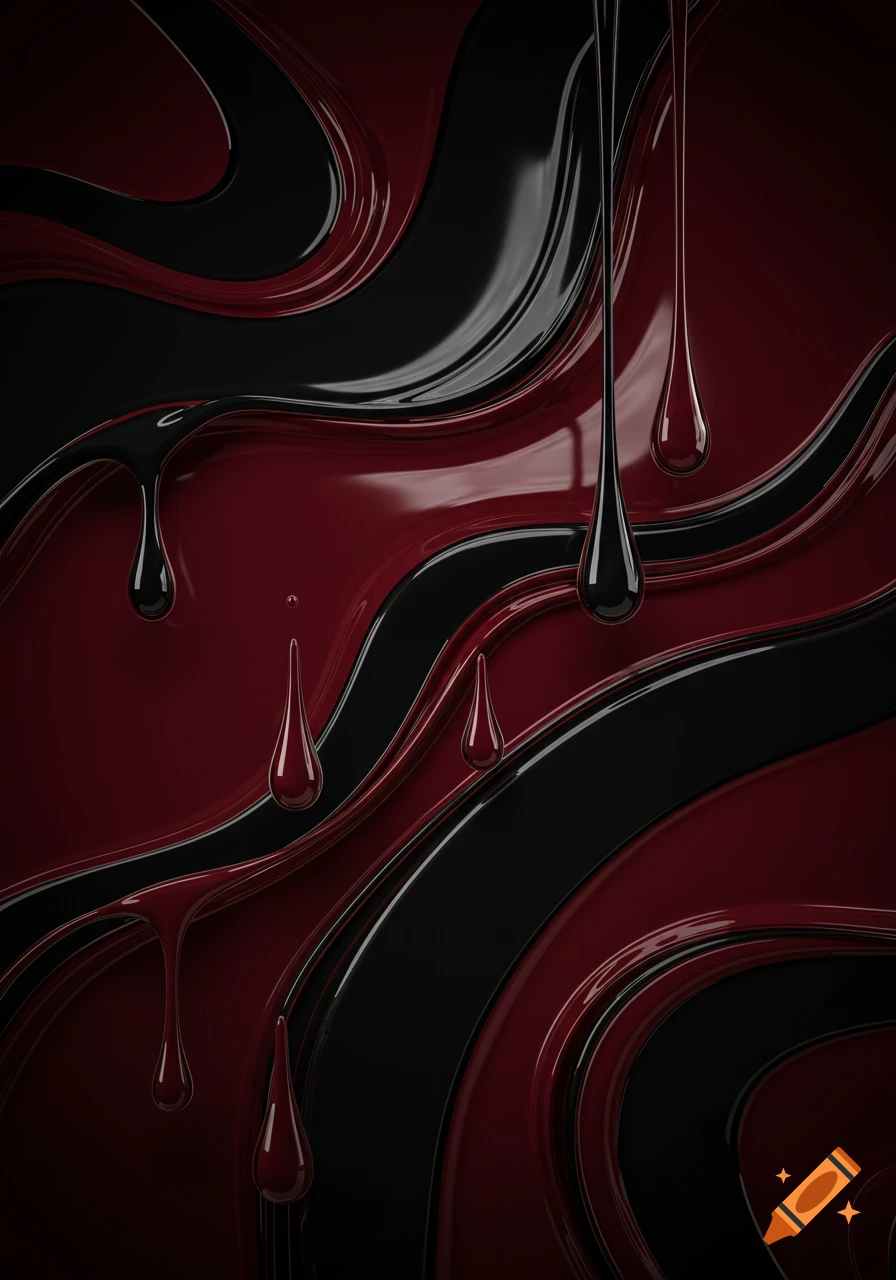 Glossy burgundy and black abstract pattern with dripping liquid shapes and chrome-like reflections.