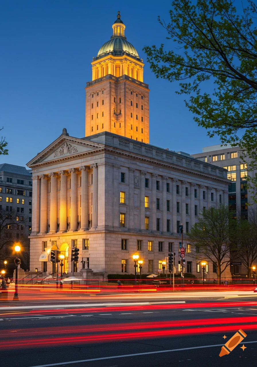 A grand, illuminated building with a domed roof and columns at dusk, with red and white light trails from cars on the street below.