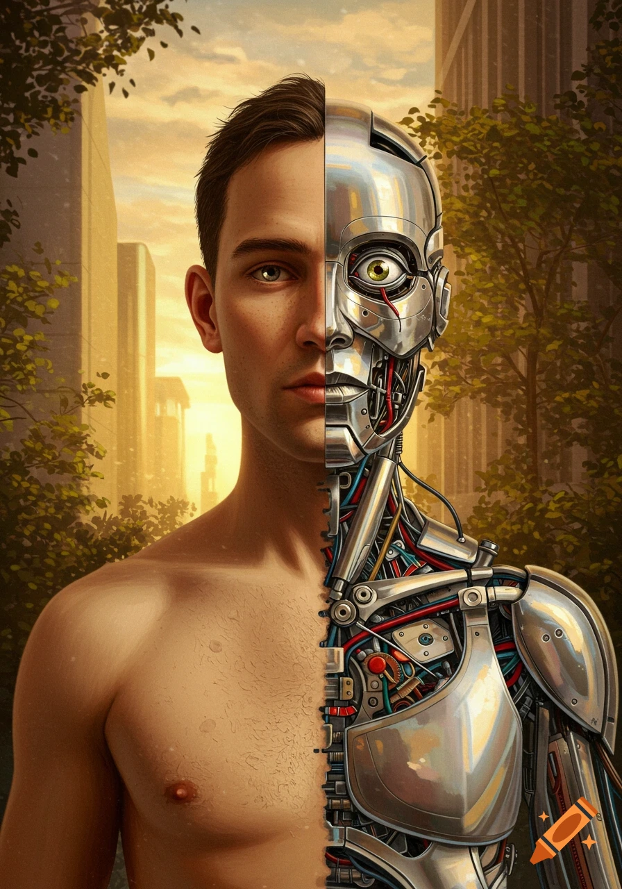 Close-up of a man split vertically, half human and half robot, with a city and trees in the background.