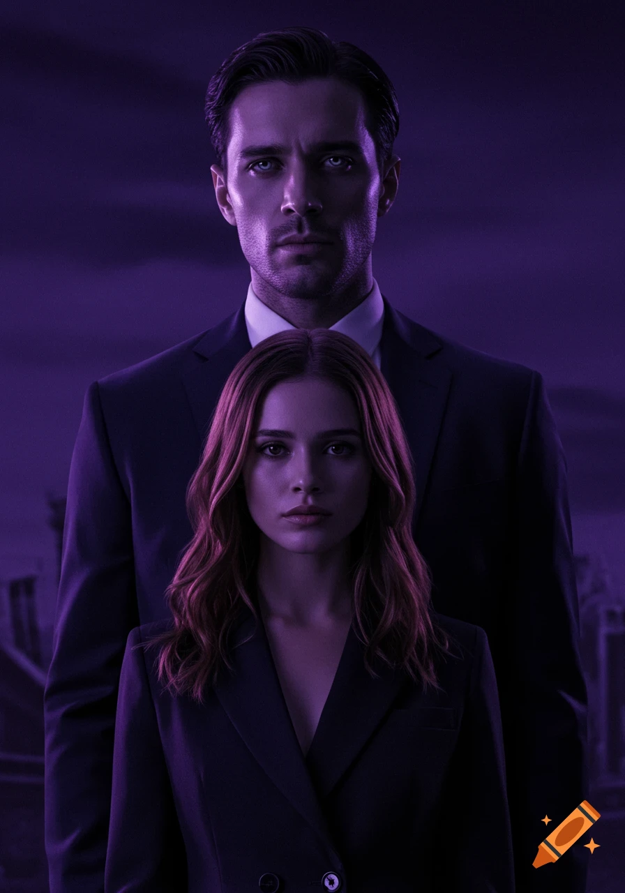 A solemn man and woman in dark suits stand in a dramatic purple-lit setting, looking directly at the viewer.