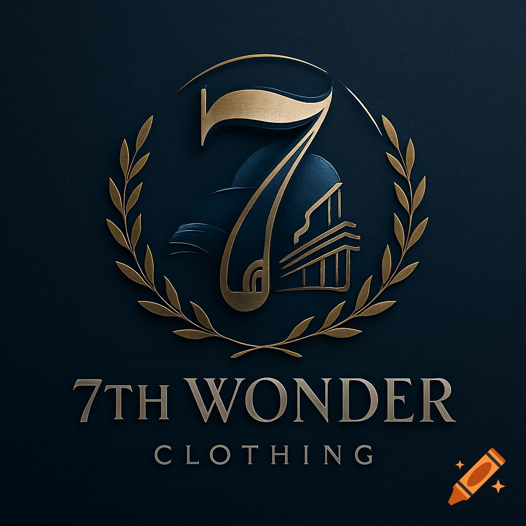 Elegant gold and dark blue logo featuring a stylized number 7, a laurel wreath, and text '7TH WONDER CLOTHING'.