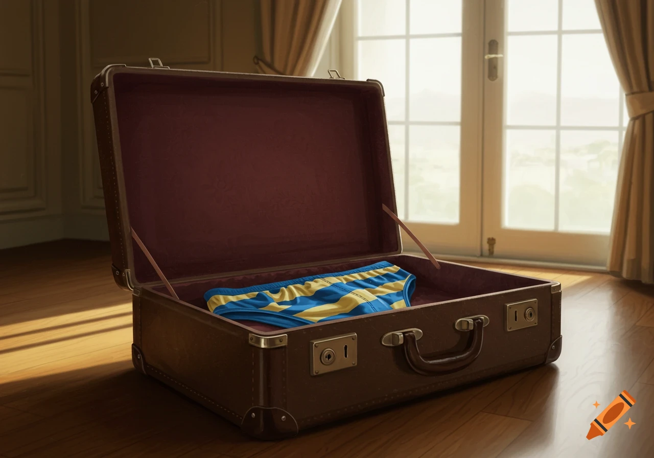 An open brown suitcase on a wooden floor contains a blue and yellow striped speedo. Sunlight streams through a large window in the background.