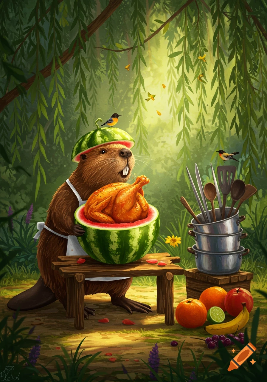 An illustrated beaver chef wearing a watermelon hat and apron prepares a roasted chicken inside a watermelon, surrounded by kitchenware and fruit in a lush forest.
