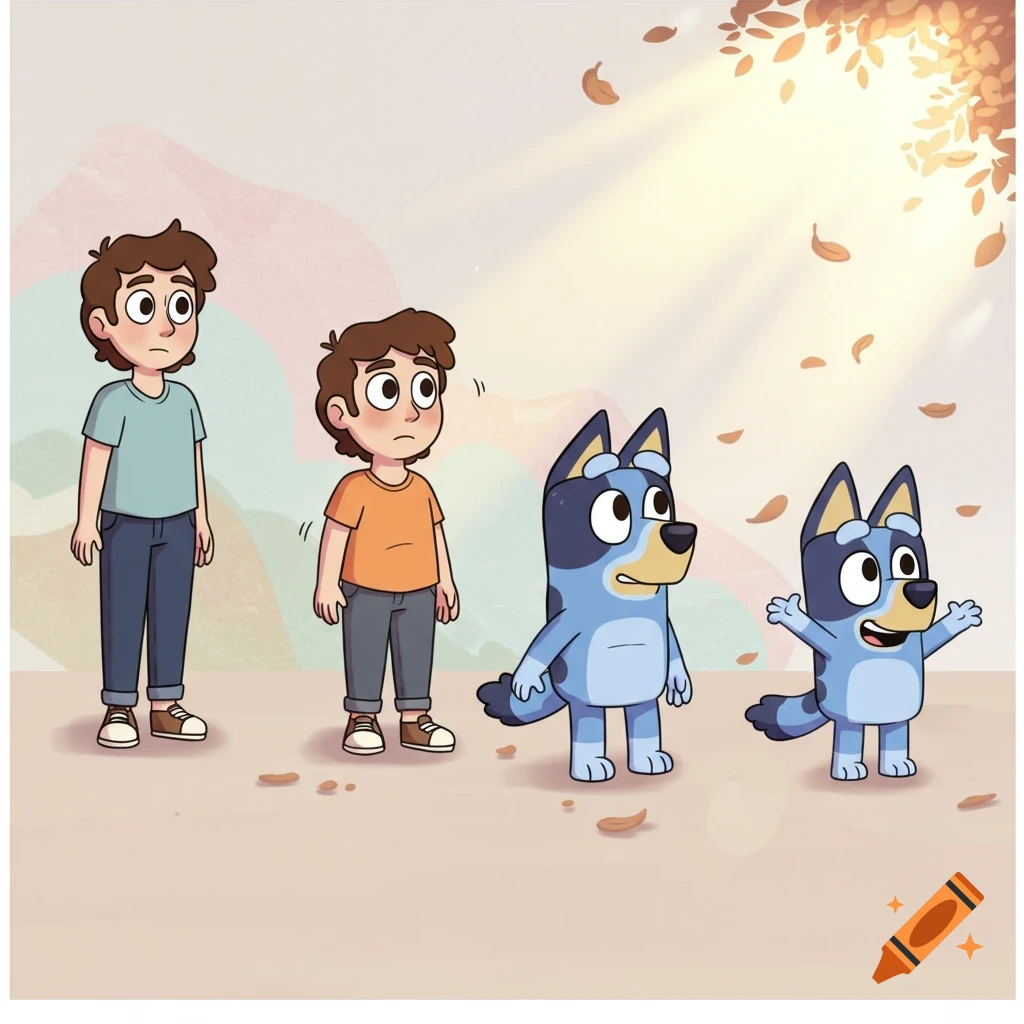 Two boys and two Bluey characters in an outdoor scene with falling leaves, cartoon style.